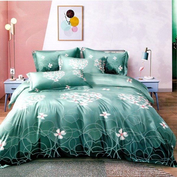 Lenjerie pat dublu, FINET Satinat, 6 piese, Bleu Inchis, Flori [1]