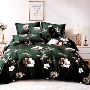 Lenjerie pat dublu, FINET, 6 piese, Verde inchis, flori gri Lenjerie pat dublu, FINET, 6 piese, Verde inchis, flori gri