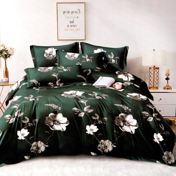 Lenjerie pat dublu, FINET Satinat, 6 piese, Verde inchis, flori gri [1]