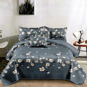 Lenjerie pat dublu, FINET Satinat, 6 piese, Gri Albastrui, Flori Lenjerie pat dublu, FINET Satinat, 6 piese, Gri Albastrui, Flori