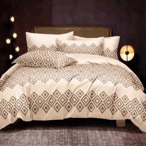 Lenjerie pat dublu, FINET Satinat, 6 piese, Bej, Romburi Lenjerie pat dublu, FINET Satinat, 6 piese, Bej, Romburi