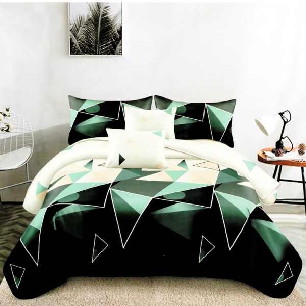 Lenjerie pat dublu, FINET Satinat, 6 piese, Crem, Verde, Forme Geometrice [1]