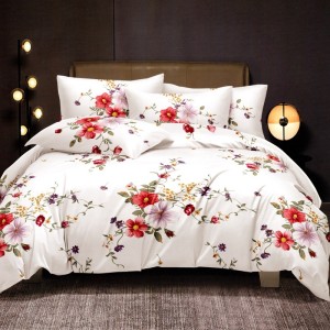 Lenjerie pat dublu, FINET Satinat, 6 piese, Alb, Crengute cu Flori