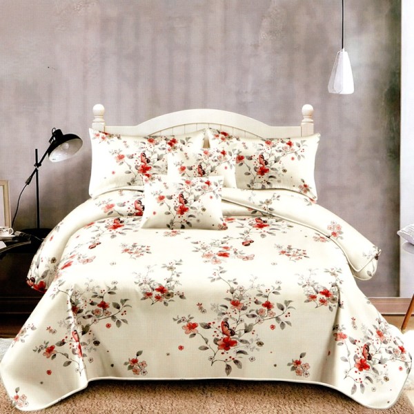 Lenjerie pat dublu, FINET Satinat, 6 piese, Crem, Crengute cu Flori [1]