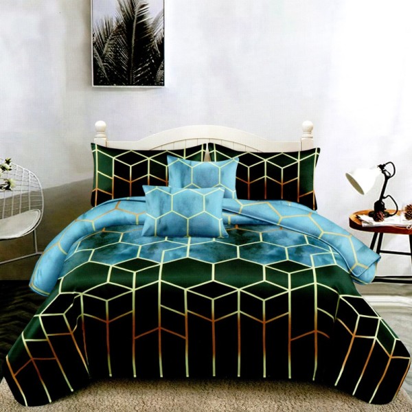 Lenjerie pat dublu, FINET Satinat, 6 piese, Verde, Forme Geometrice [1]