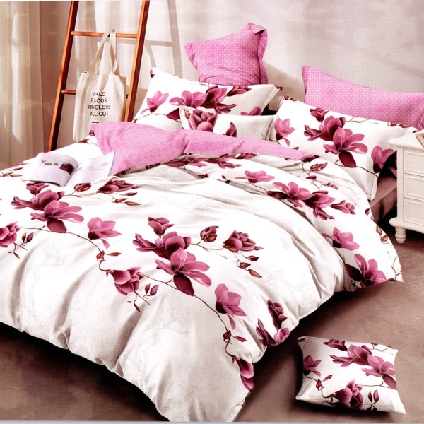 Lenjerie pat dublu, FINET Satinat, 6 piese, Alb, Roz, Magnolii [1]