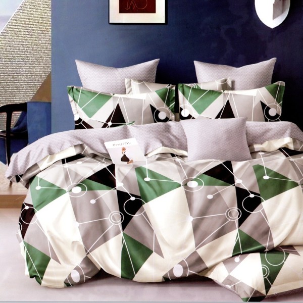Lenjerie pat dublu, FINET Satinat, 6 piese, Gri, Crem, Menta, Forme Geometrice [1]