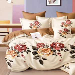 Lenjerie pat dublu, FINET Satinat, 6 piese, Bej, flori