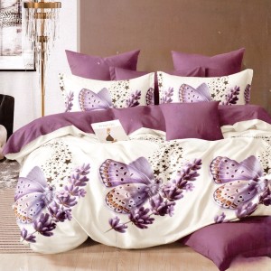 Lenjerie pat dublu, FINET Satinat, 6 piese, Alb, Mov, flori si fluturi Lenjerie pat dublu, FINET Satinat, 6 piese, Alb, Mov, flori si fluturi