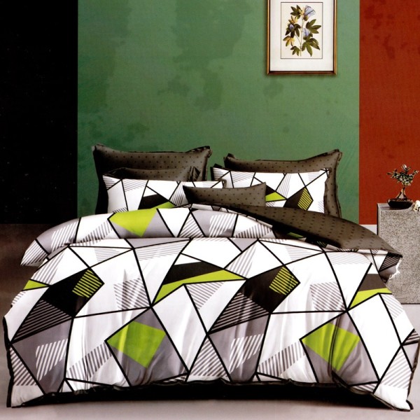 Lenjerie pat dublu, FINET Satinat, 6 piese, Gri, Alb, Verde, Forme Geometrice [1]