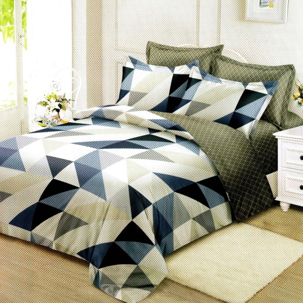Lenjerie pat dublu, FINET Satinat, 6 piese, Gri, Alb, Albastru, Forme Geometrice [1]