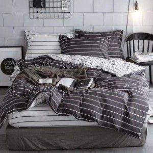 Lenjerie pat dublu, bumbac satinat, cu doua feţe, 4 piese,  Gri, Alb, Dungi