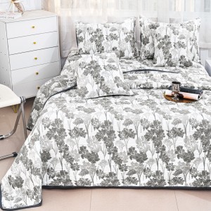 Cuvertura Pat Dublu, Bumbac cu In, Model Brodat Direct în Tesatura, 230x250 cm, 2 fete de perna 52x72cm, 2 fete de perna 46x46cm, Alb, Gri, Flori