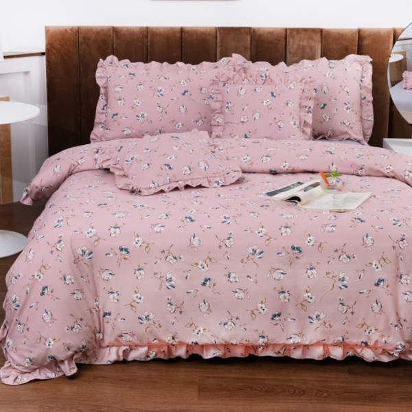 Lenjerie pat dublu,  Finet cu Volanase, CEARSAF CU ELASTIC, 6 piese, Roz, Flori [1]