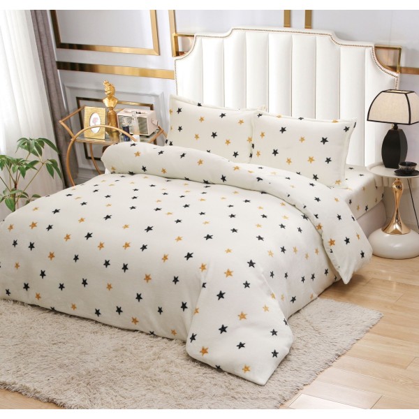 Lenjerie pat dublu cu Elastic, Super Pufoasa COCOLINO, 4 piese, crem, stelute [1]
