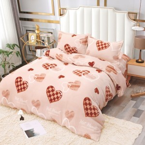 Lenjerie pat dublu cu Elastic, Super Pufoasa COCOLINO, 4 piese, crem, inimioare carouri