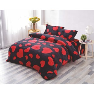 Lenjerie pat dublu, Super Pufoasa COCOLINO, 4 piese, rosu, negru, inimioare