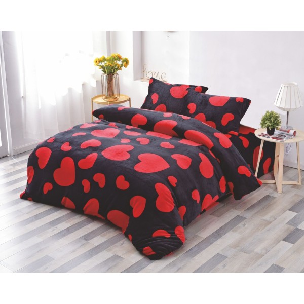 Lenjerie pat dublu, Super Pufoasa COCOLINO, 4 piese, rosu, negru, inimioare [1]