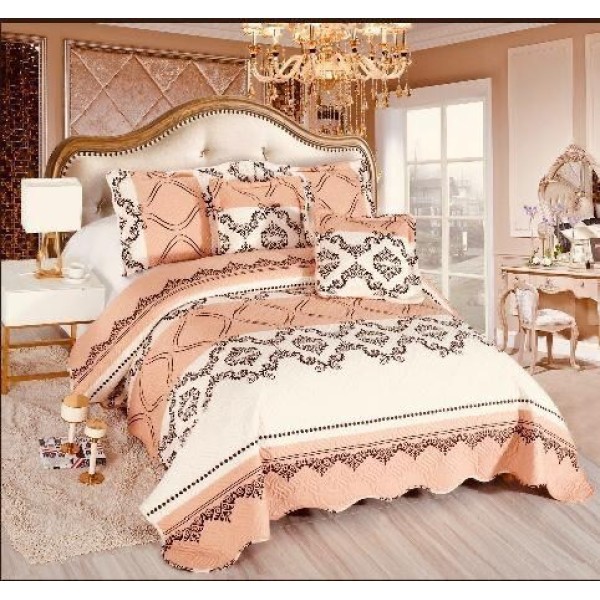 Cuvertura matlasata 230x250cm si 4 fete de perna, Bumbac, Crem, Somon, model elegant [1]