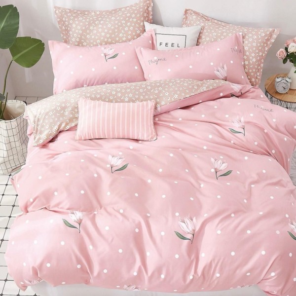 Lenjerie pat dublu (140x200cm, 160x200cm, 180x200cm), FINET, 6 piese, Roz, Crem, floricele [1]
