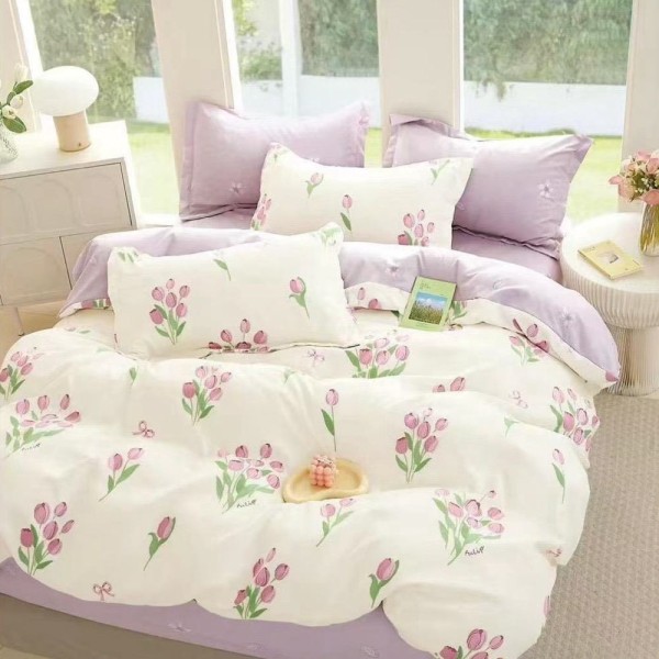 Lenjerie pat dublu (140x200cm, 160x200cm, 180x200cm), FINET, 6 piese, Crem, Lila, flori [1]