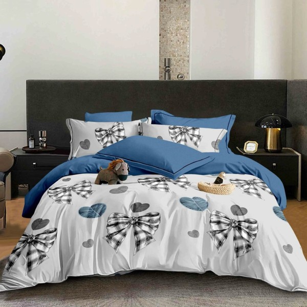 Lenjerie pat dublu (140x200cm, 160x200cm, 180x200cm), FINET, 6 piese, Gri, Albastru, fundite, inimioare [1]