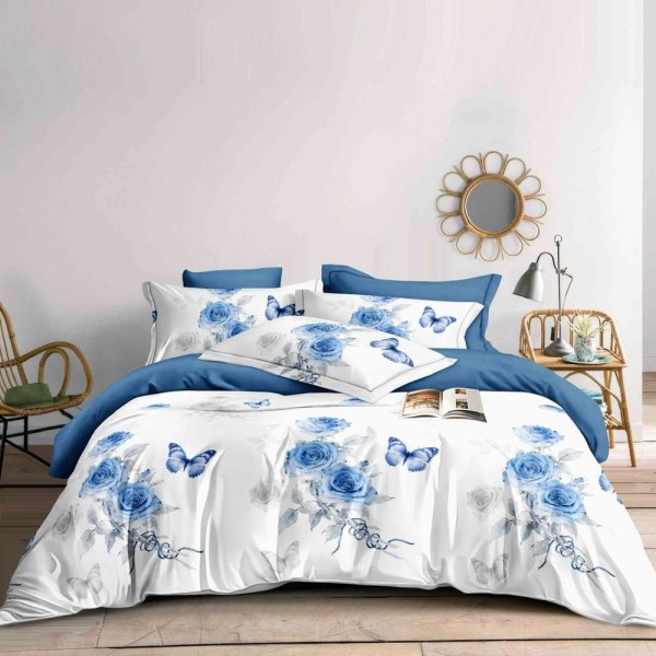 Lenjerie pat dublu (140x200cm, 160x200cm, 180x200cm), FINET, 6 piese, Alb, Albastru, trandafiri [1]