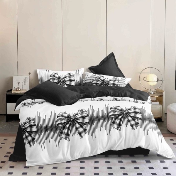Lenjerie pat dublu (140x200cm, 160x200cm, 180x200cm), FINET, 6 piese, Alb, Negru, fundite [1]