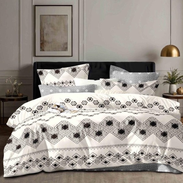 Lenjerie pat dublu (140x200cm, 160x200cm, 180x200cm), FINET, 6 piese, Gri, Crem, floricele [1]