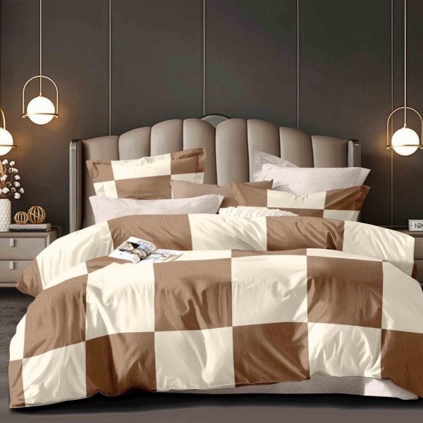 Lenjerie pat dublu (140x200cm, 160x200cm, 180x200cm), FINET, 6 piese, Maro, Crem, patratele [1]