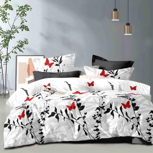 Lenjerie pat dublu (140x200cm, 160x200cm, 180x200cm), FINET, 6 piese, Alb, Negru, flori, fluturi [1]
