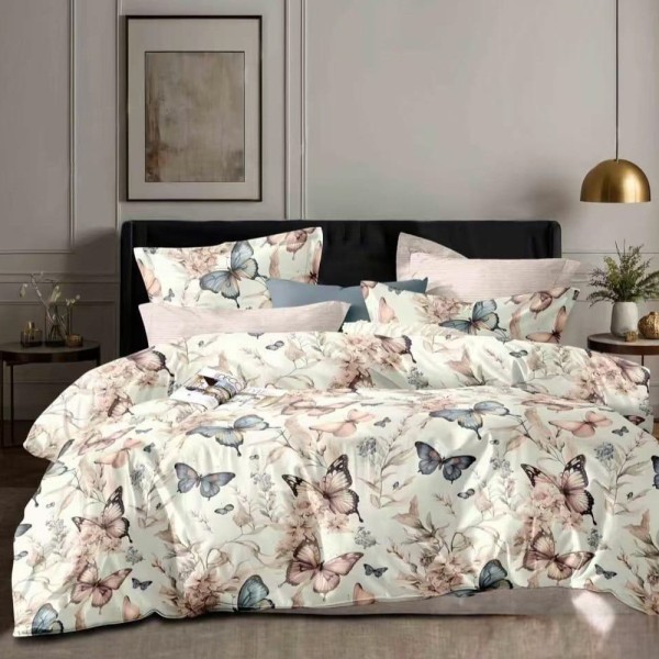 Lenjerie pat dublu (140x200cm, 160x200cm, 180x200cm), FINET, 6 piese, Crem, fluturi [1]
