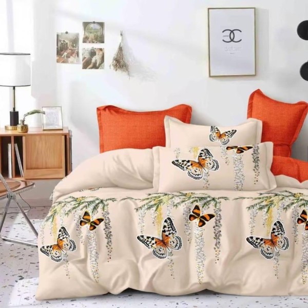 Lenjerie pat dublu (140x200cm, 160x200cm, 180x200cm), FINET, 6 piese, Bej, Portocaliu, fluturi [1]