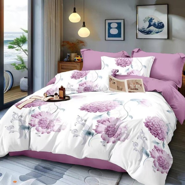 Lenjerie pat dublu (140x200cm, 160x200cm, 180x200cm), FINET, 6 piese, Alb, Mov, flori [1]