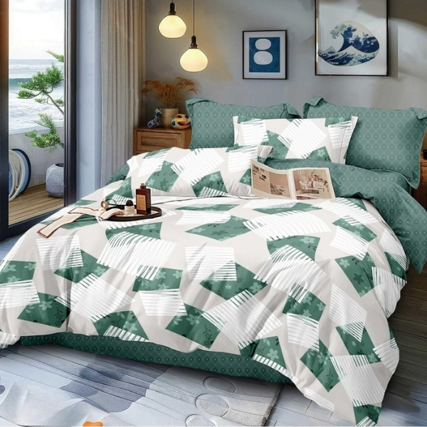 Lenjerie pat dublu (140x200cm, 160x200cm, 180x200cm), FINET, 6 piese, Gri, Verde, patrate [1]