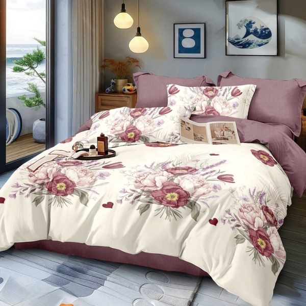Lenjerie pat dublu (140x200cm, 160x200cm, 180x200cm), FINET, 6 piese, Crem, flori [1]
