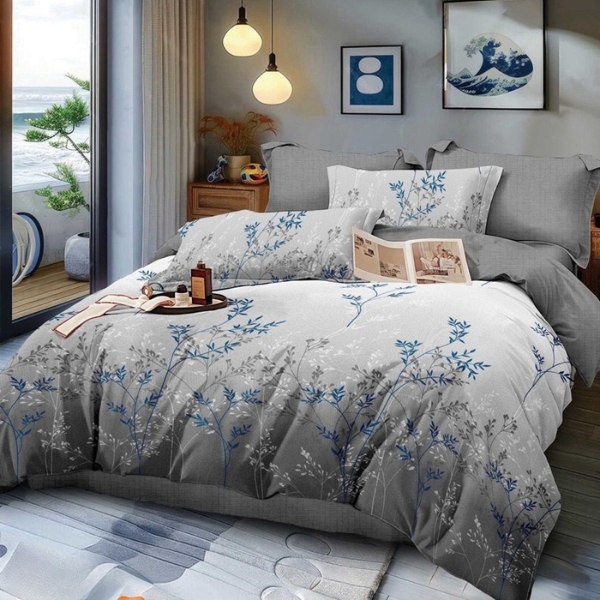 Lenjerie pat dublu (140x200cm, 160x200cm, 180x200cm), FINET, 6 piese, Gri, flori albastre [1]