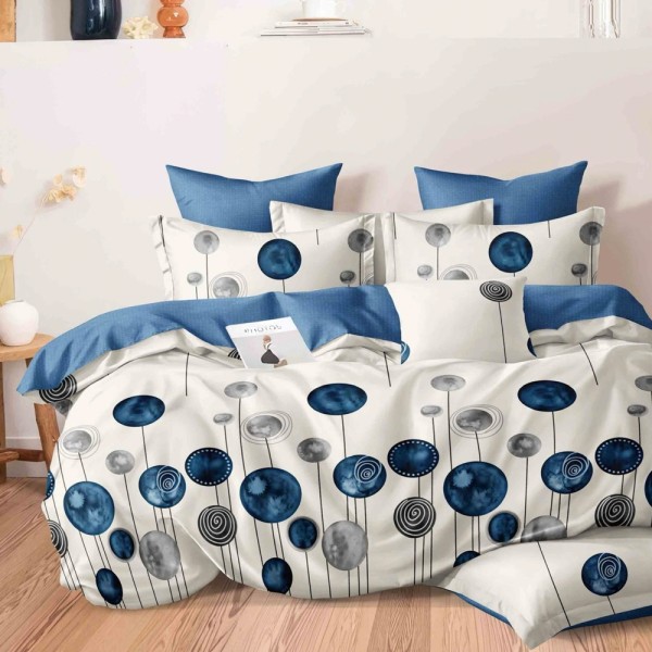 Lenjerie pat dublu (140x200cm, 160x200cm, 180x200cm), FINET, 6 piese, Alb, Albastru, buline [1]