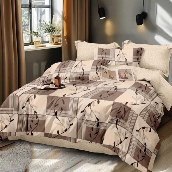 Lenjerie pat dublu (140x200cm, 160x200cm, 180x200cm), FINET, 6 piese, Bej, Maro, patrate, frunze [1]