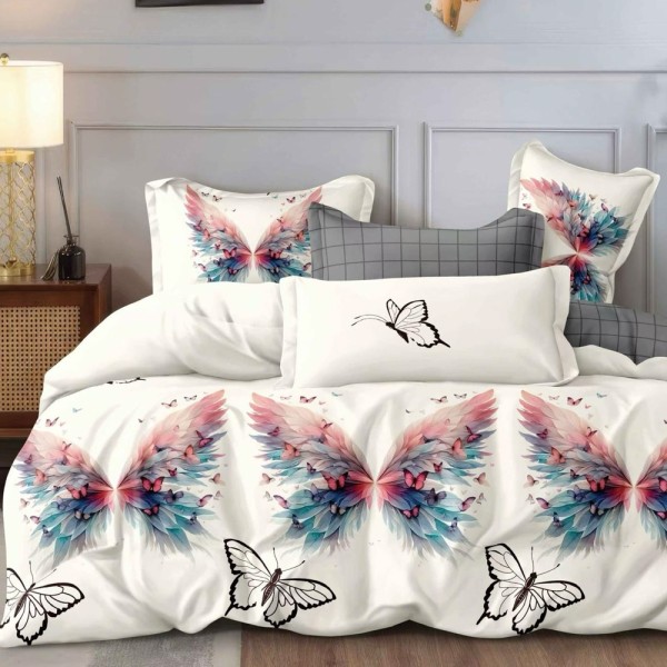 Lenjerie pat dublu (140x200cm, 160x200cm, 180x200cm), FINET, 6 piese, Alb, fluturi [1]