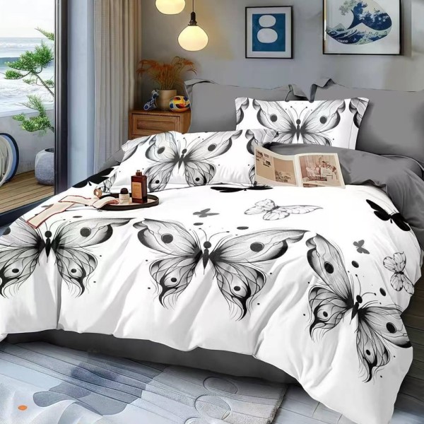 Lenjerie pat dublu (140x200cm, 160x200cm, 180x200cm), FINET, 6 piese, Alb, Gri, fluturi [1]