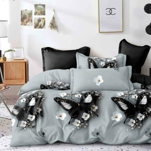 Lenjerie pat dublu (140x200cm, 160x200cm, 180x200cm), FINET, 6 piese, Gri, Negru, fluturi [1]