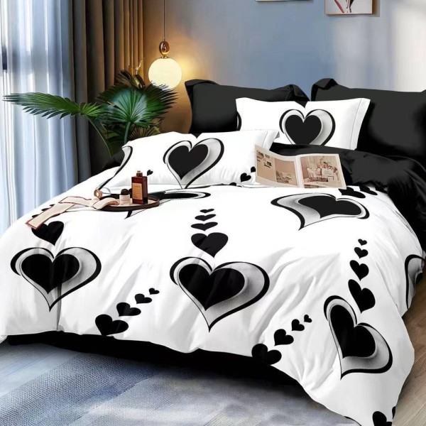 Lenjerie pat dublu (140x200cm, 160x200cm, 180x200cm), FINET, 6 piese, Alb, Negru, inimioare [1]