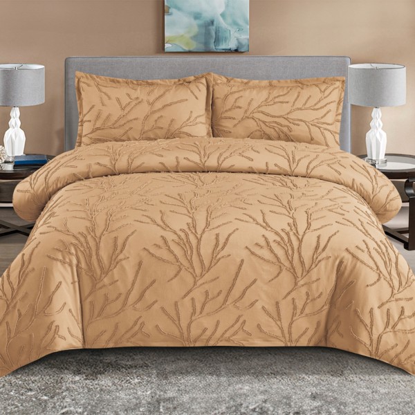 Lenjerie de Pat Premium, Bumbac Finet, Smocuri Brodate, 4 Piese, cu ELASTIC, Nesifonabilă și Durabilă, Tree, Bej inchis [1]