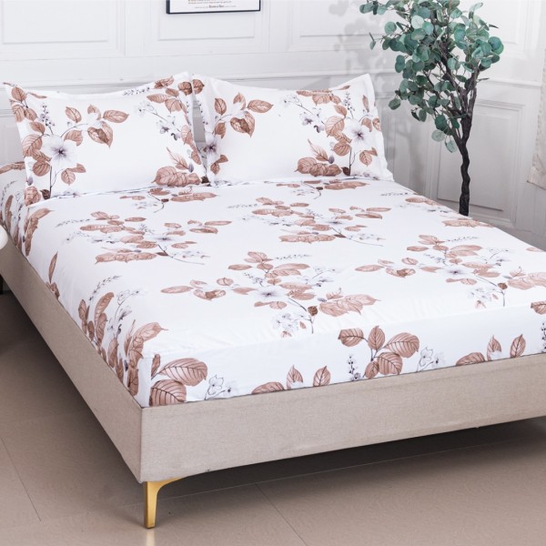 Cearsaf cu Elastic 180x200 cm + 2 Fete de Perna 50x70 cm, Alb, Flori cu Frunze Maro  [1]