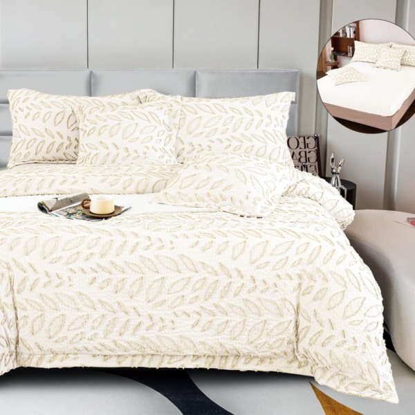 Lenjerie Pat Dublu, Cearsaf cu Elastic, 5 Piese, Bumbac 4 Anotimpuri Fin, Broderie Latoasa - Confort si Eleganta, Bej, Frunze [1]