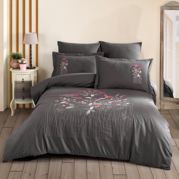 Lenjerie Pat Dublu, Bumbac 100% Poplin, cu Broderie, 4 piese, Hobby Emilia - Gri [1]