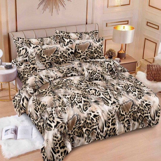 Lenjerie pat dublu  BUMBAC FINET  6 piese  Maro  abstract  animal print