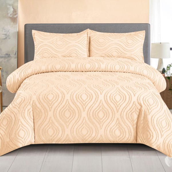 Lenjerie de Pat Premium, Bumbac Finet, Smocuri Brodate, 4 Piese, cu ELASTIC, Nesifonabilă și Durabilă, Eliana, Bej [1]