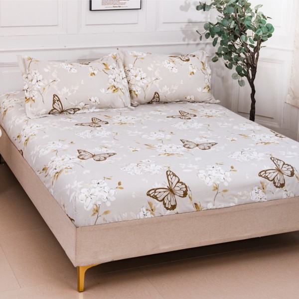 Cearsaf cu Elastic 180x200 cm + 2 Fete de Perna 50x70 cm, Grej, Crengute de Copaci cu Flori si Fluturi [1]